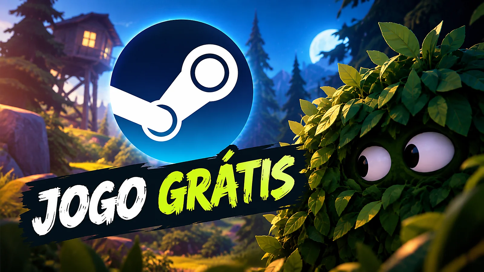 Arte conceitual digital de uma floresta estilizada à noite com arbustos brilhantes, em tom de jogo multiplayer