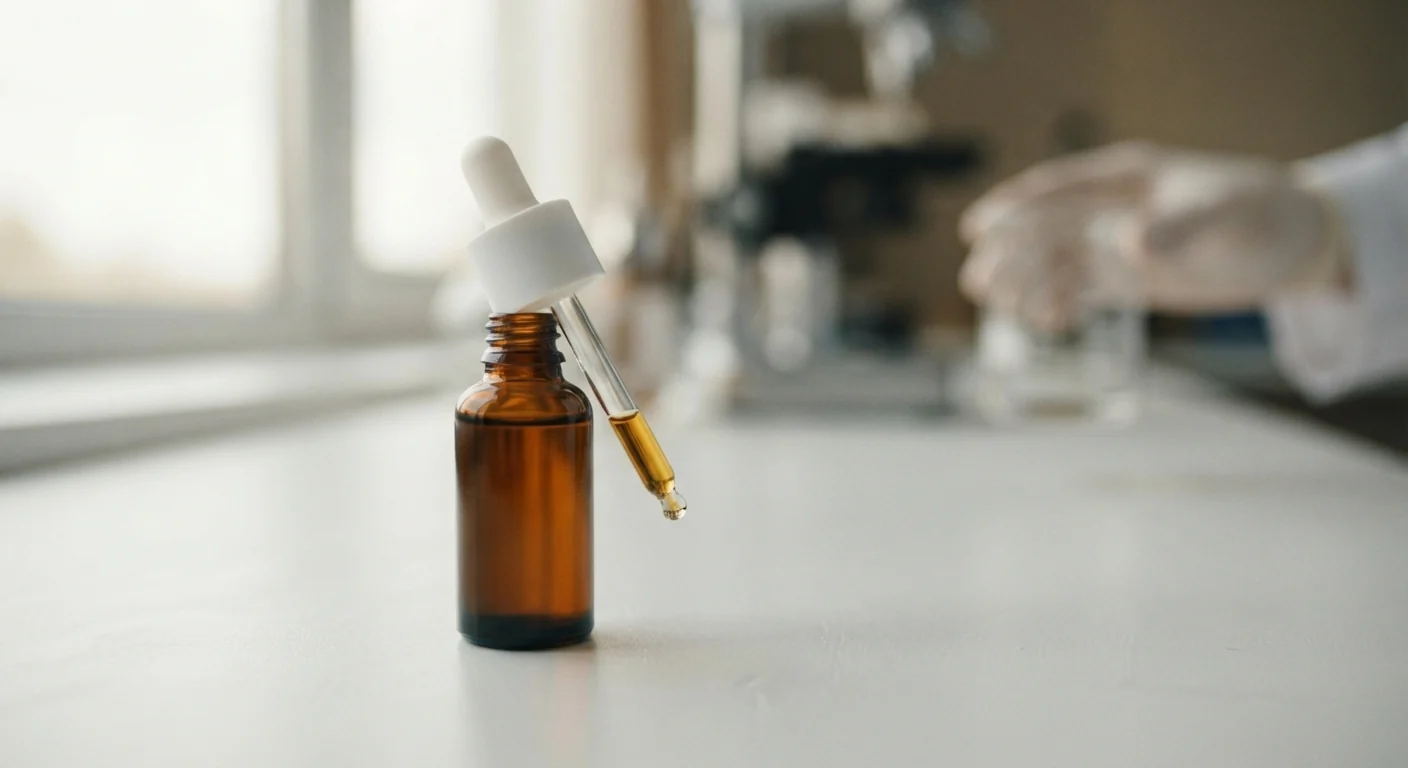 Frasco conta-gotas de vidro com extrato medicinal sobre uma superfície branca em ambiente clínico.