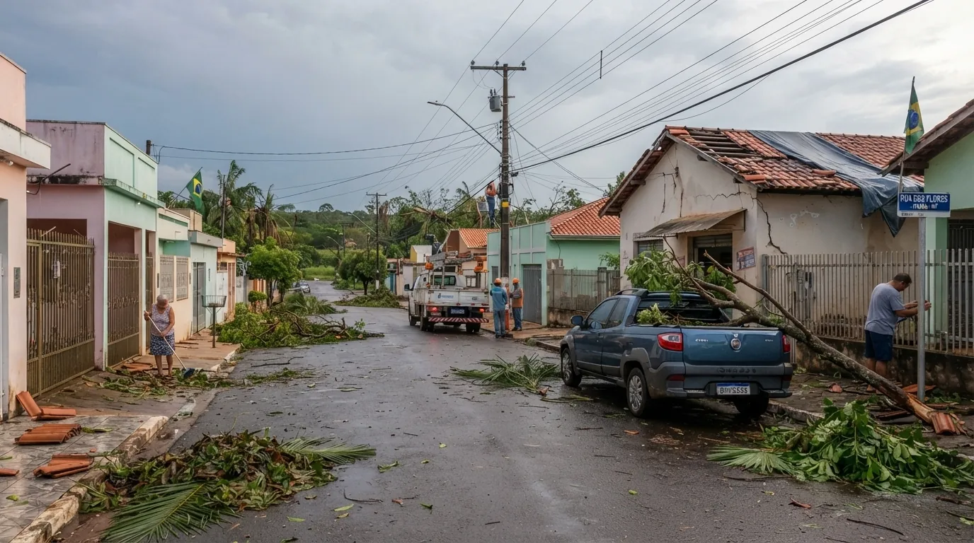 Temporal com ventos fortes destelha agência bancária, danifica hospital e derruba árvores em Itaúba, em Mato Grosso