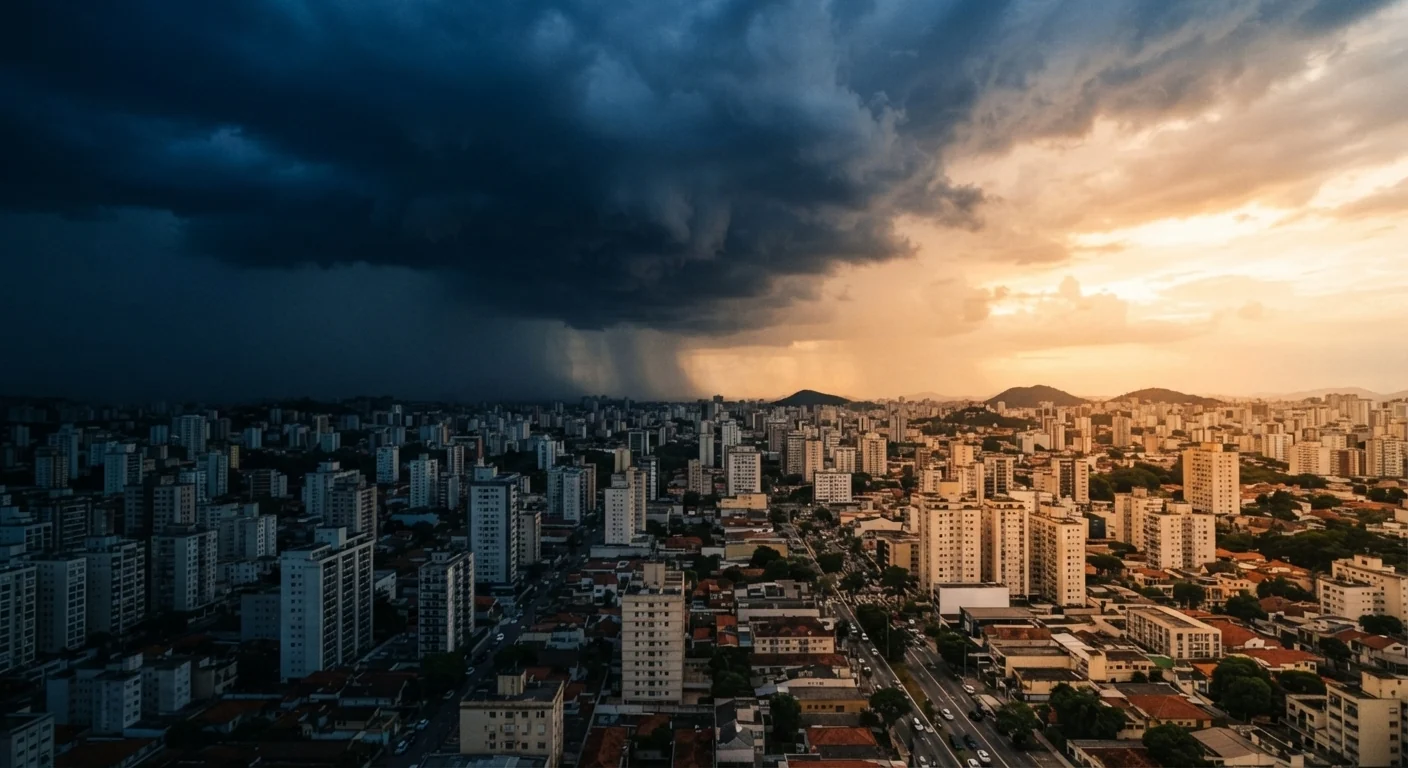 Paisagem urbana sob céu escurecendo, misturando nuvens escuras de tempestade e aberturas de sol forte.
